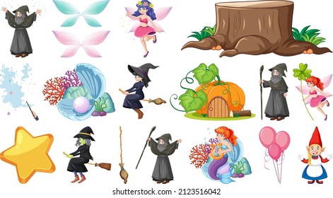 Set of fantasy fairy tale characters and elements illustration
