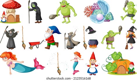 Set of fantasy fairy tale characters and elements illustration