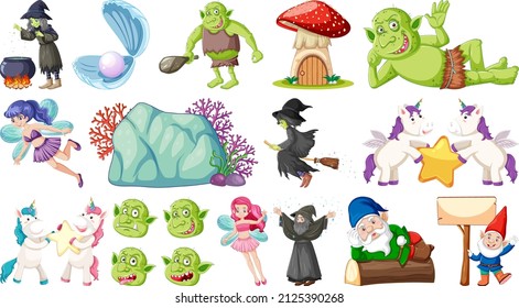 Set of fantasy fairy tale characters and elements illustration