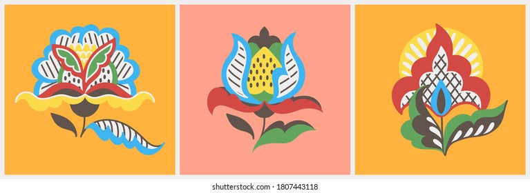 Set of fantasy flower in flat cartoon style. Folk or tribal design. Great for textile prints, greeting cards, invitations. Vector EPS clip art design