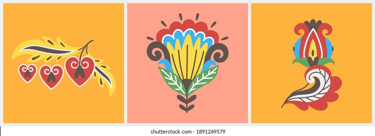 Set of fantasy flowers in flat cartoon style. Folk or tribal designs. Great for textile prints, greeting cards, invitations. Vector EPS clip art design