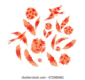 Set of fantasy flowers, leaves and beautiful birds.  Colorful floral design elements isolated. Vector illustration hand drawn.