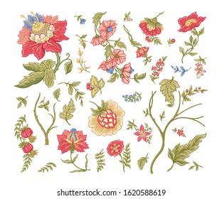 Set of Fantasy flowers in retro, vintage, jacobean embroidery style. Embroidery imitation isolated on white background. Vector illustration.