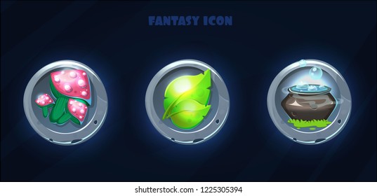 Set of fantasy game icon, talisman for game. Vector illustration. Magic mushrooms, green leaves and Magic pot.