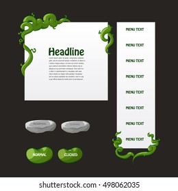Set of fantasy game interface elements with stone and bean buttons and beanstalk menus and windows