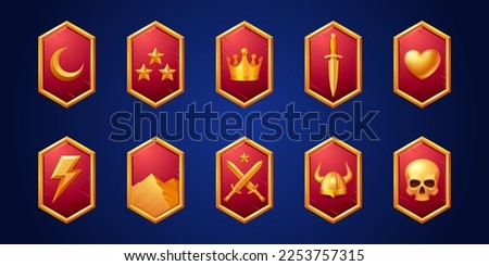 Set fantasy game shields isolated on background. Vector cartoon illustration of ancient knight armor with golden moon, stars, crown, heart, dagger, lightning, mountains, swords, viking hat, skull icon