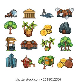 Conjunto de iconos de vector de juego de fantasía, iconos de palmera bien, oro. Conjunto de elementos, Iconos del juego colección