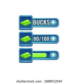 set of fantasy glossy rpg game ui money bucks bar with numeric and progress bar additional panel for gui asset elements vector illustration