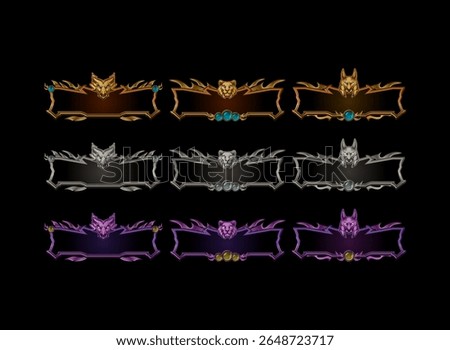set of fantasy gothic dark medieval game button or frame with dragon, lion and anubis head in gold, silver, diamond color