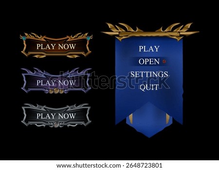 set of fantasy gothic dark medieval game button and banner ui menu frame in gold, silver and diamond