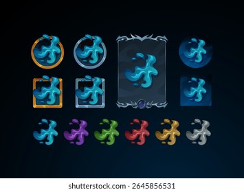 set of fantasy gothic medieval button, skill symbol and card design with water magic elements in blue and various color