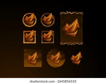 set of fantasy gothic medieval button, skill symbol and card design with stone rock earth magic elements