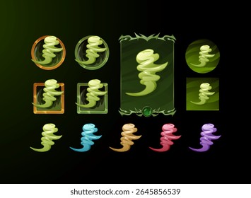 set of fantasy gothic medieval button, skill symbol and card design with wind air magic elements in green and various color
