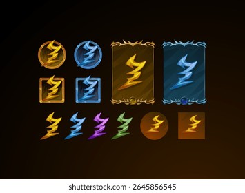 set of fantasy gothic medieval button, skill symbol and card design with thunder lightning magic elements in yellow and various color
