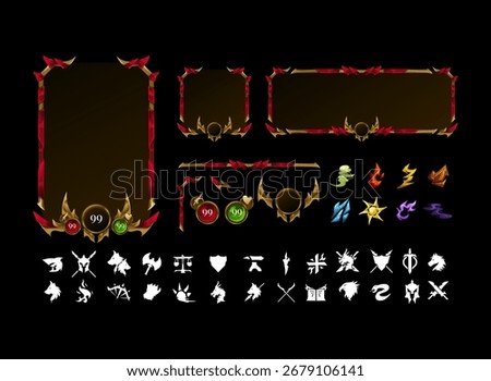 Set of Fantasy Gothic Medieval Frame Templates — Golden Frame with Diamond Borders, Profile Frames, Headers, and Various Element Icon Pack for RPG and Trading Card Design