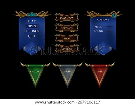 Set of Fantasy Gothic Medieval Game UI Board Menu Templates — Banner Flag, Button, and Victory Frame Designs for RPG and Adventure Interface