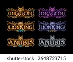 set of fantasy gothic medieval glossy game logo with dragon, lion, anubis symbol in gold, diamond, silver color