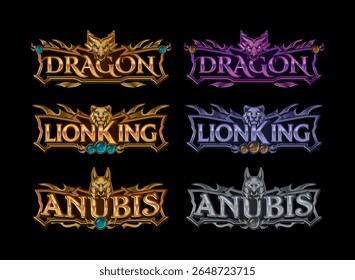 set of fantasy gothic medieval glossy game logo with dragon, lion, anubis symbol in gold, diamond, silver color