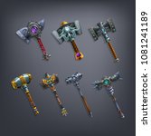 Set of fantasy hammers and mace weapon for game. Vector illustration.