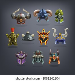 Set of fantasy helms armor for game. Vector illustration.