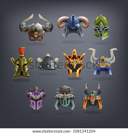 Set of fantasy helms armor for game. Vector illustration.