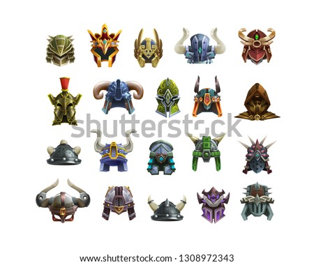 Set of fantasy helms armor for game isolated on white background. Vector illustration.