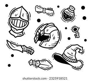 Set of fantasy helms armor for 
rpg game isolated on white background. Vector illustration.