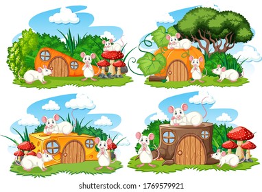 Set of fantasy houses in the garden with cute animals isolated on white background illustration