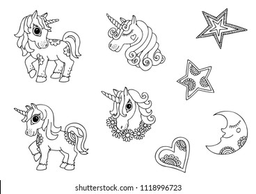 Set Of Fantasy Icons: Four Unicorns, Two Stars, Heart And Moon. Childrens Coloring Page. Vector Illustration  For Coloring Book.