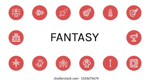 Set of fantasy icons. Such as Rocket, Rpg game, Samba, Superhero, Crystal ball, Sceptre, Fortunetelling, Fortress , fantasy icons