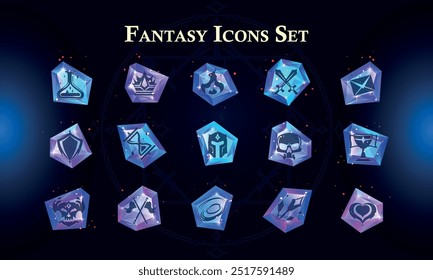 Video Conjunto de iconos de fantasía para la interfaz de usuario, cartel, etc. Fantasía mágica HUD. Plantilla para la interfaz de juego RPG. Ilustración vectorial EPS10