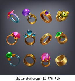 Set of fantasy jewelry decorations, rings for game. Vector illustration.