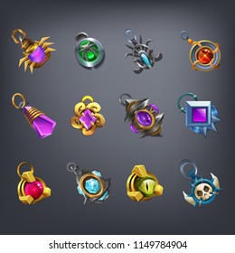 Set of fantasy jewelry decorations, talisman for game. Vector illustration.