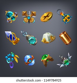 Set of fantasy jewelry decorations, talisman for game. Vector illustration.