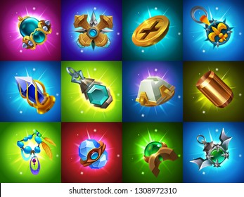 Set of fantasy jewelry decorations, talisman for game. Vector illustration.