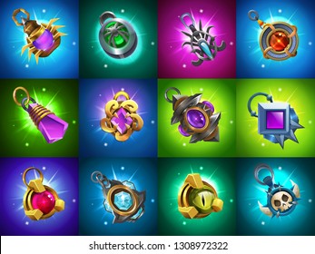 Set of fantasy jewelry decorations, talisman for game. Vector illustration.