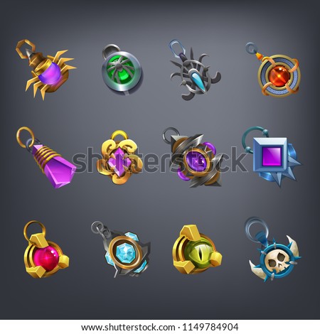 Set of fantasy jewelry decorations, talisman for game. Vector illustration. Imagine de stoc © 