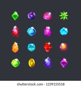 Set Of Fantasy Jewelry Gems, Stone For Game. Vector Illustration.