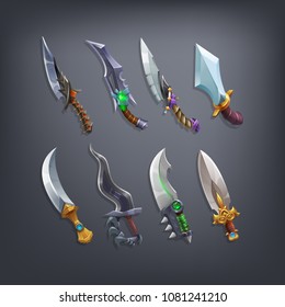 Set Of Fantasy Knifes And Blades Weapon For Game. Vector Illustration.