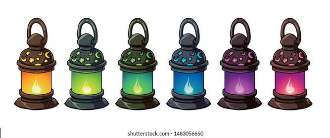 Set of fantasy lanterns for mobile games. golden, green, blue, pink and purple colors. Vector illustration. Isolated objects on white background. 