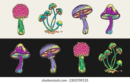 Set of fantasy magic mushrooms. Bright unusual fungus. Good for fairytale, groovy, hippie, mystical style