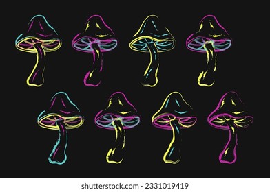 Set of fantasy magic mushrooms in grunge style. Bright unusual fungus in neon fluorescent colors. Good for fairytale, groovy, hippie, mystical style