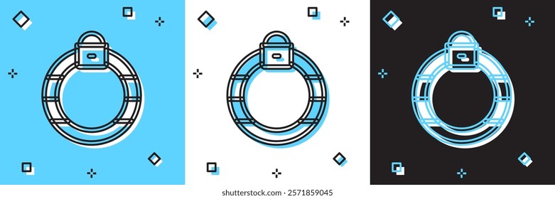 Set Fantasy magic stone ring with gem icon isolated on blue and white, black background.  Vector