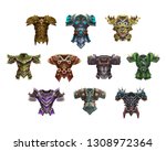 Set of fantasy mail and chest armor for game isolated on white background. Vector illustration.