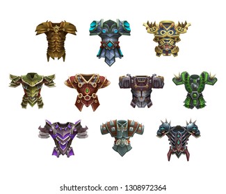 Set of fantasy mail and chest armor for game isolated on white background. Vector illustration.