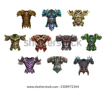 Set of fantasy mail and chest armor for game isolated on white background. Vector illustration.