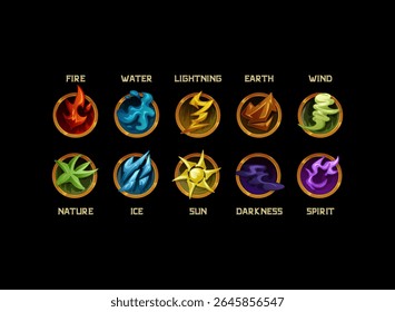 set of fantasy medieval button magic elemental symbol with fire, water, lightning, earth, wind, plant, ice, sun, darkness, spirit icon