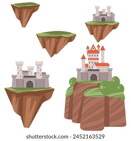 Set of fantasy medieval stone castle with towers gate standing on a high mountain vector illustration isolated on white background