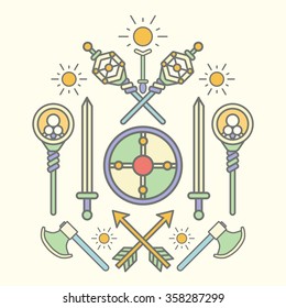 Set of fantasy medieval weapon in form of coat of arms. Vector illustration.