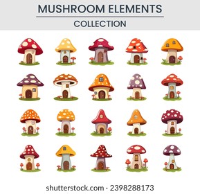 Set of fantasy mushroom house cartoon illustration. Magic fairy tale characters, fantasy plants and vegetables building.